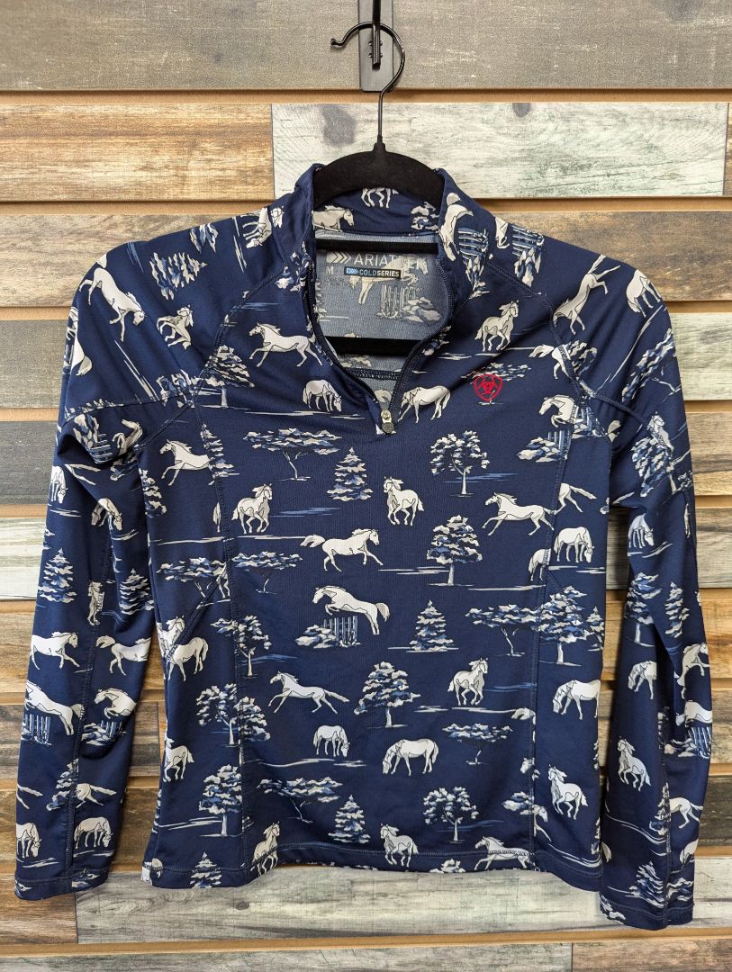 USED Ariat Youth Navy Horse Patterned Cold Series Long Sleeved Riding Top Medium Blue Horses