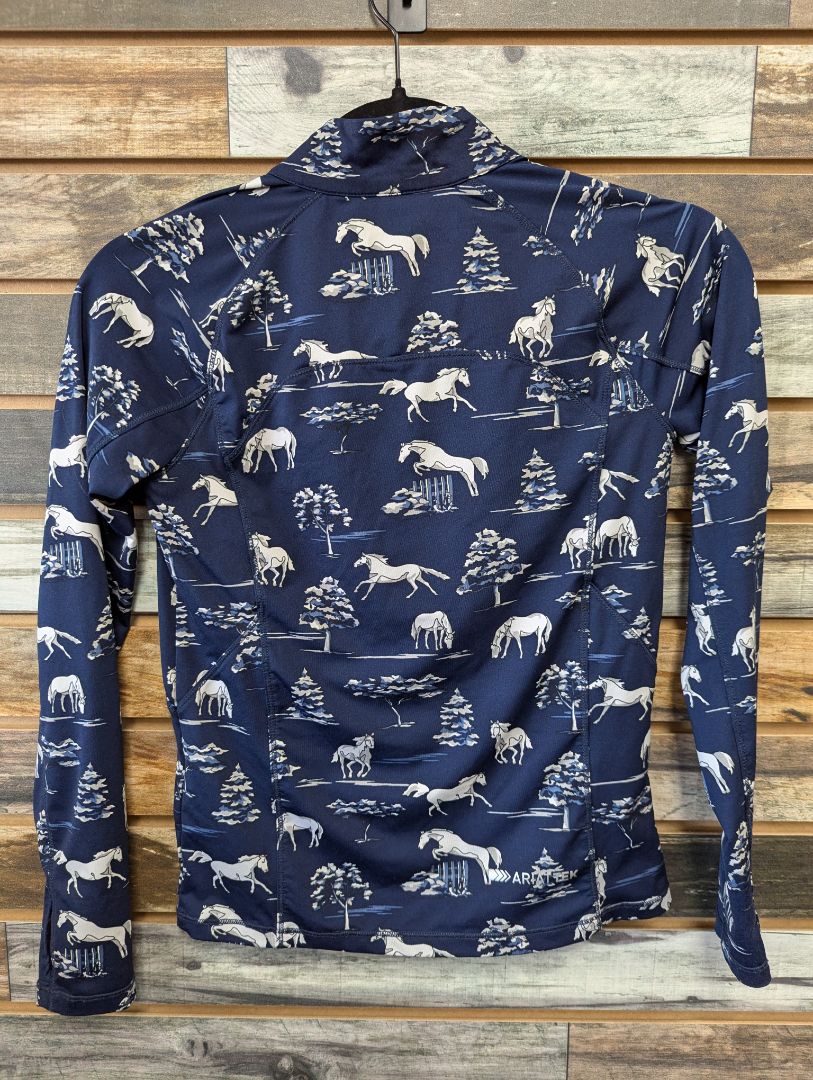USED Ariat Youth Navy Horse Patterned Cold Series Long Sleeved Riding Top Medium Blue Horses