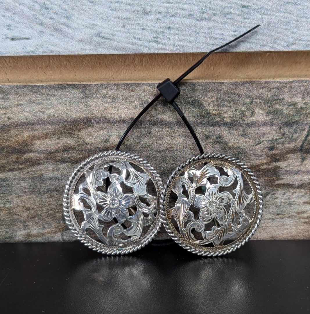 USED Sterling Silver Floral Conchos Pair 1.5" Silver