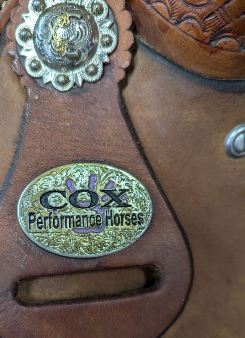 USED Cox Performance Floral Tooled Western Mounted Shooting/Barrel Saddle 15.5" Medium Oil