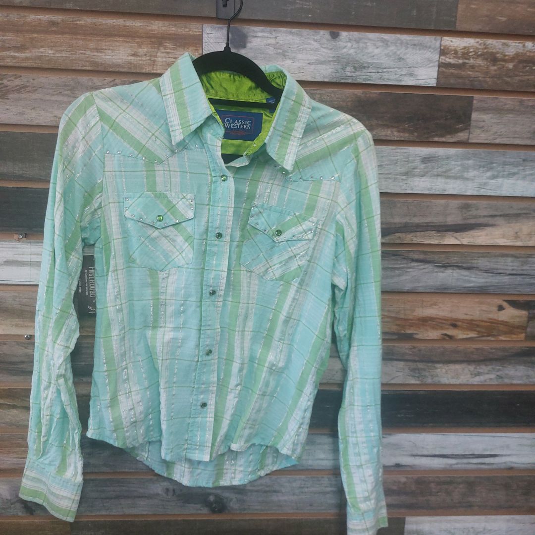 USED Classic Western Longsleeve Small Teal/Green/ Silver