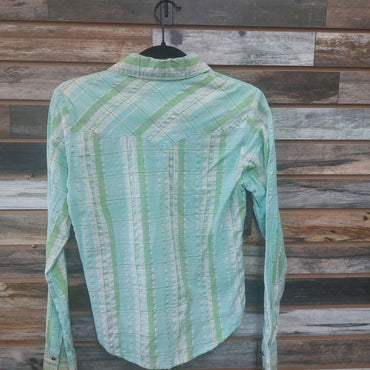 USED Classic Western Longsleeve Small Teal/Green/ Silver