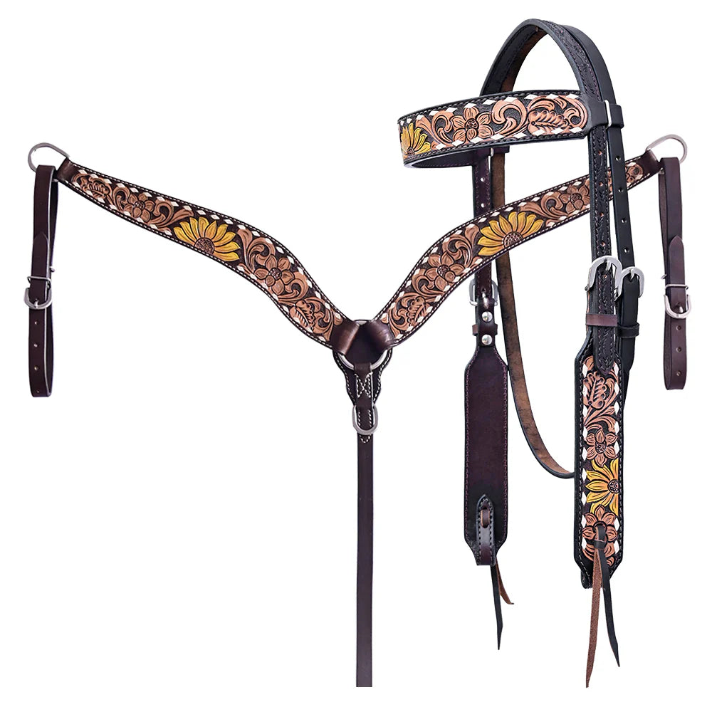 Hilason - Horse Floral Hand Painted American Leather Breast Collar and Headstall Dark Brown