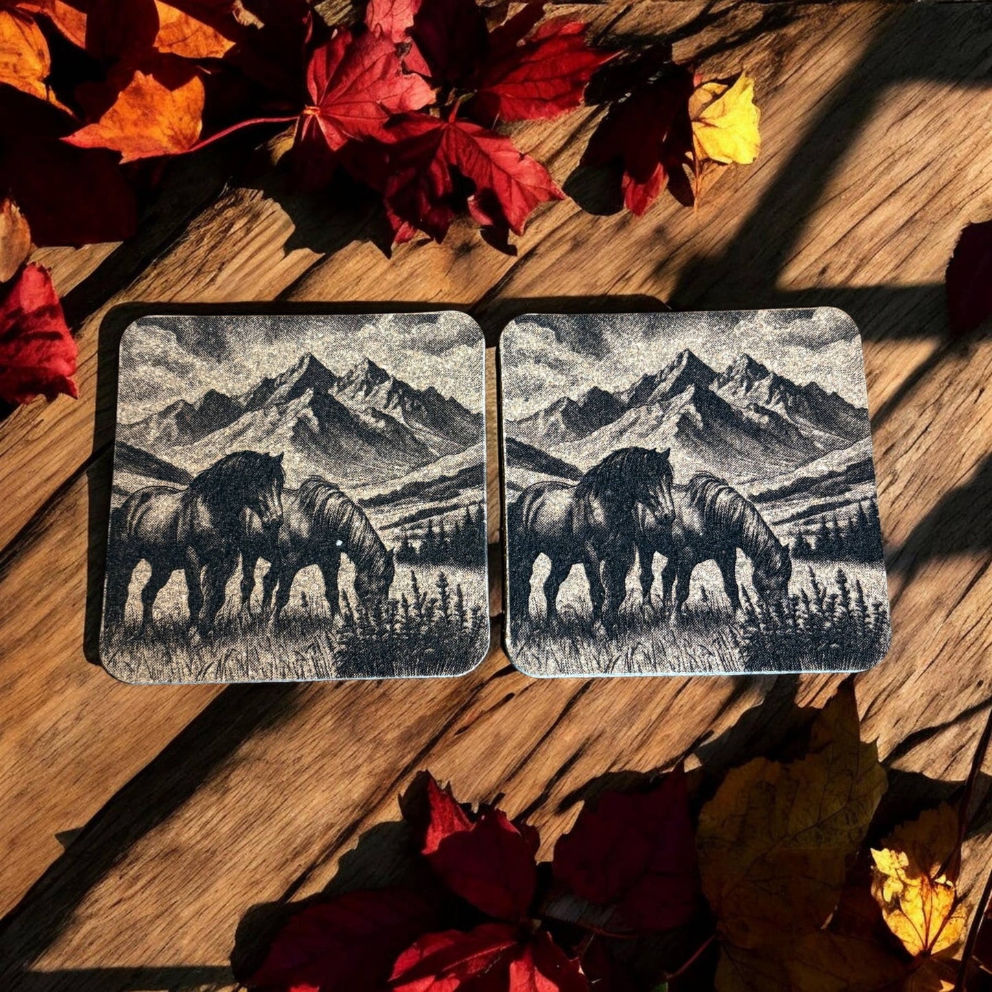 Horses in Mountains cork trivet and drink coasters, gift set