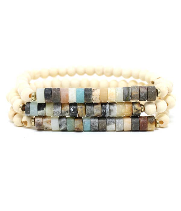 ( G747 ) WOOD AND STONE BEAD MIX 3 STRETCH BRACELET SET