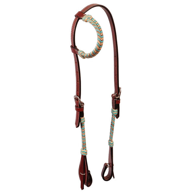 Headstall 1 Ear w/Natural + Turquoise Laced Rawhide