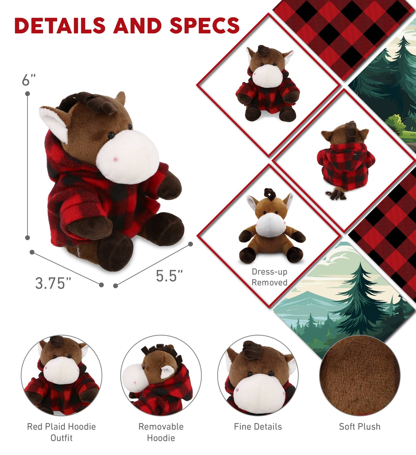 Plush Red Plaid Hoodie - 6" Plush - Horse