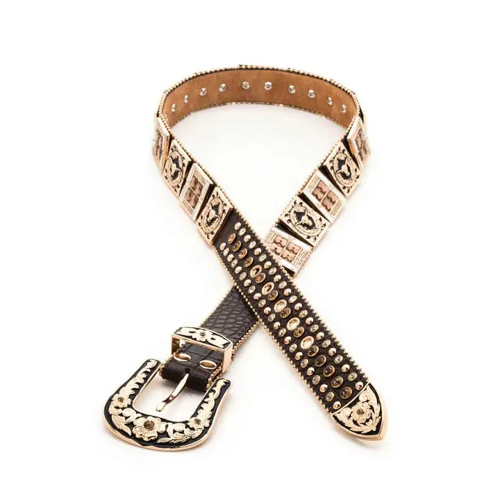 Long Horn Concho Crystal Western Adult Belt Brown Medium
