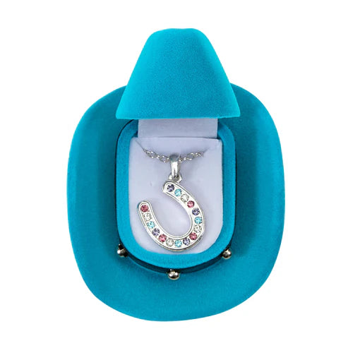 JPC - AWST Int'l Horseshoes Necklace w/Colorful Cowboy Hat Box