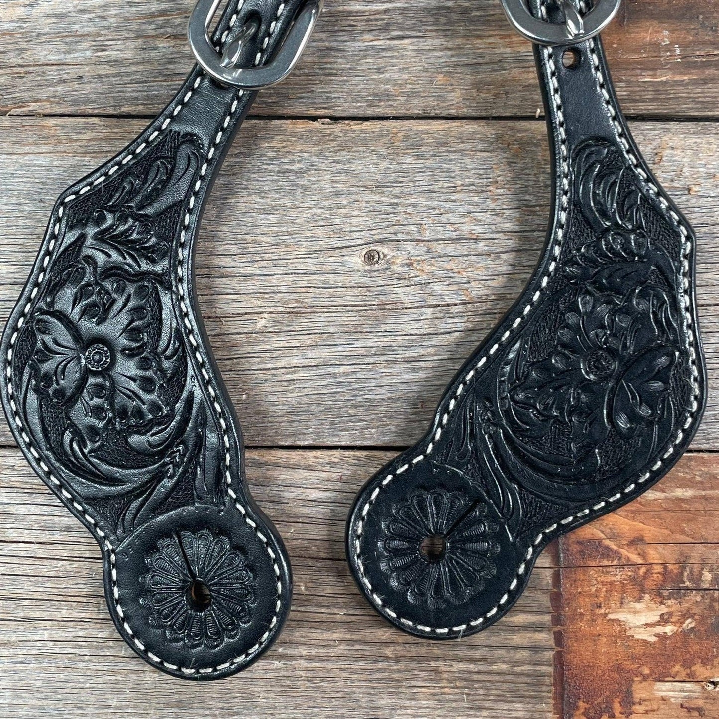 Black Genuine Leather Floral Tooled Spur Straps