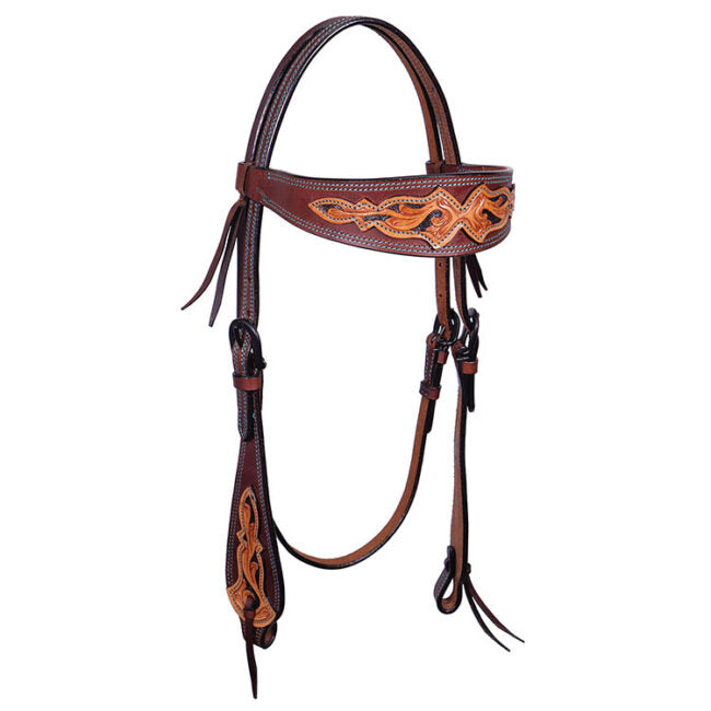 Headstall w/Browband w/Carved Overlay + Turquoise Stitch + Black Buckle