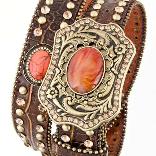 Stone Buckle Auburn Crystal Brown Leather Adult Belt