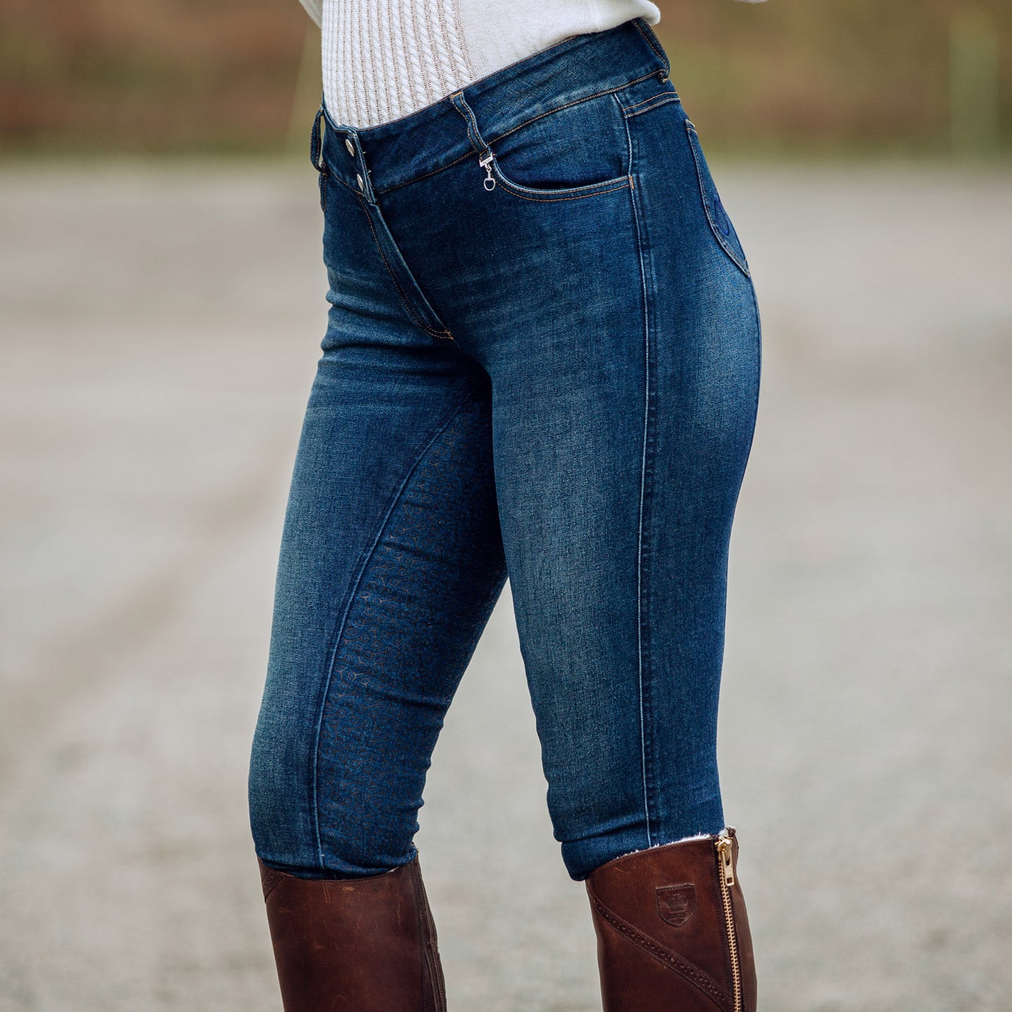 Horze Kaia Womens High Waist Denim Silicone Full Seat Breeches - Dark Blue