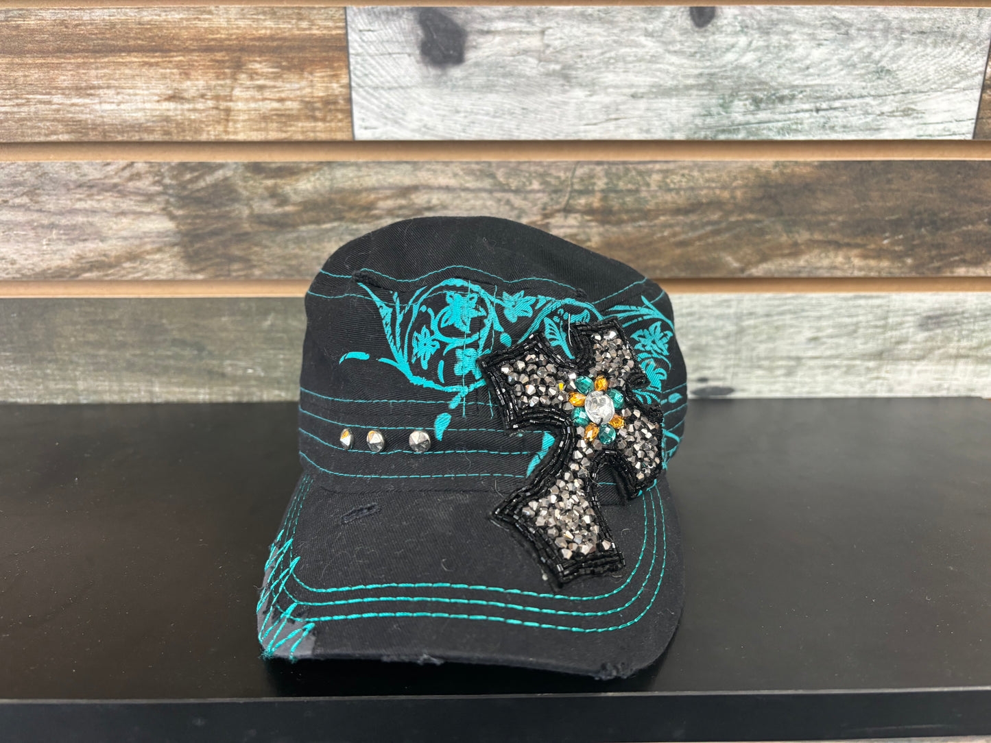 USED Way West Ladies Ballcap with Cross Decoration Black & Teal