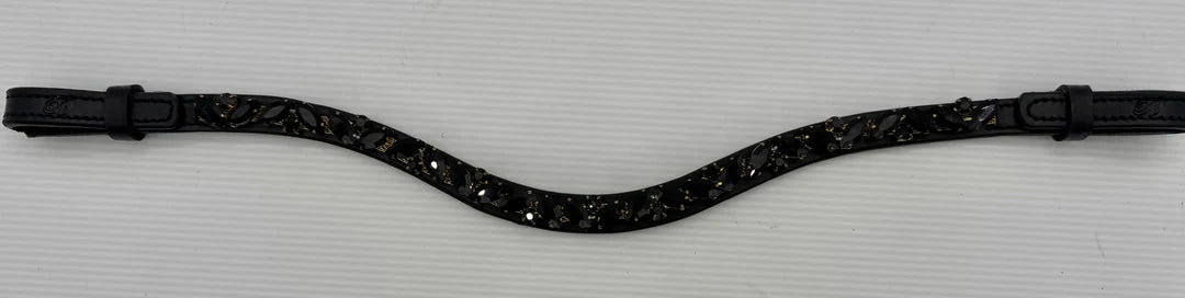 Bridleberry #147 Black Leather Browband, Black Marquise & Round Crystals set on Gold Mesh