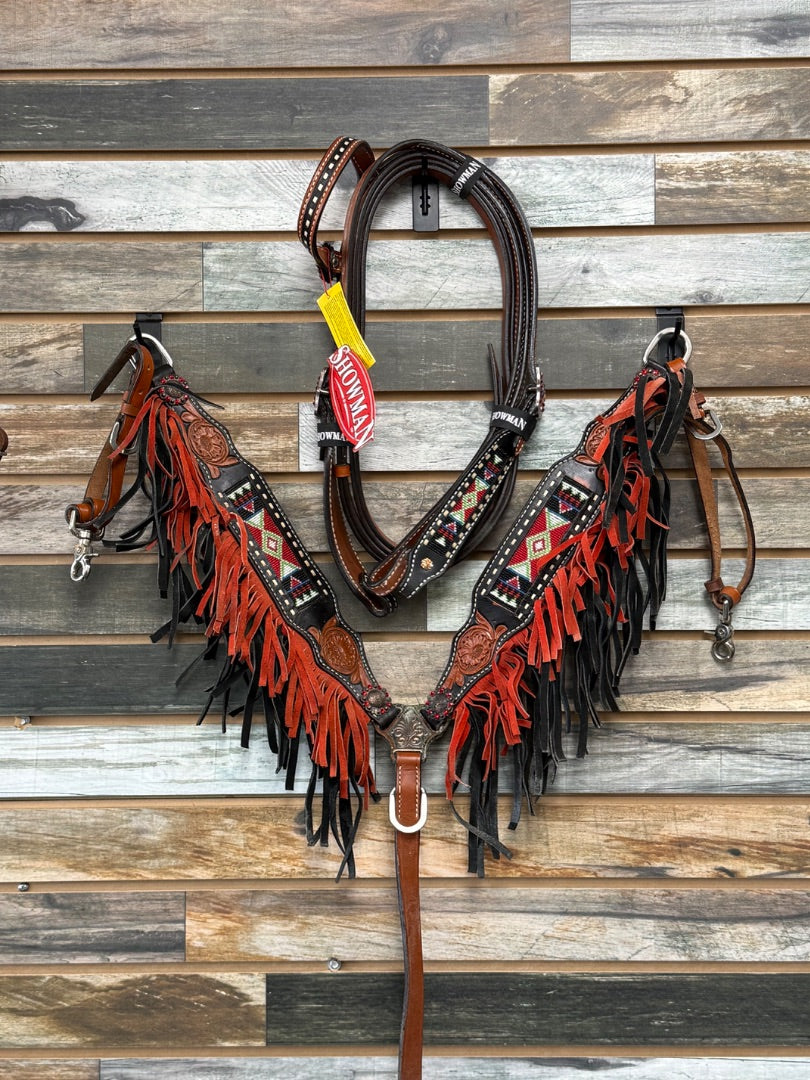 USED (NEW) Showman Headstall, Breastcollar, & Split Reins Horse Dark Oil/Black/Red