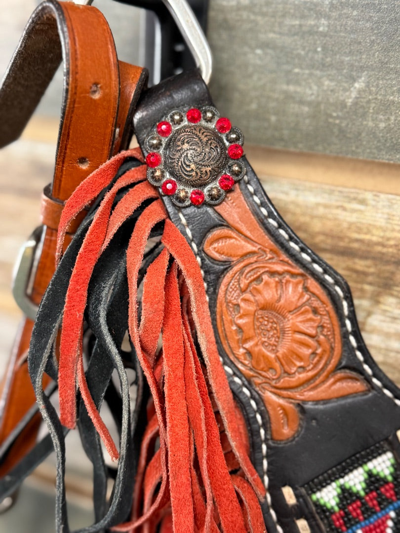 USED (NEW) Showman Headstall, Breastcollar, & Split Reins Horse Dark Oil/Black/Red