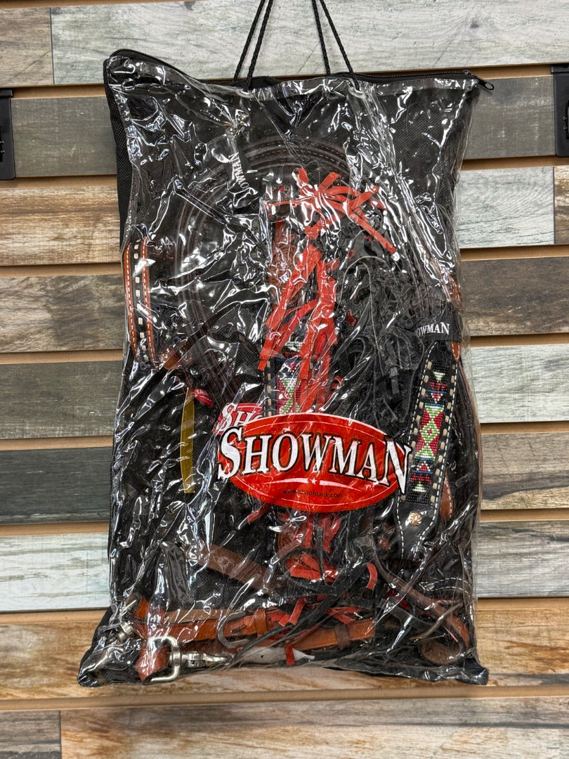 USED (NEW) Showman Headstall, Breastcollar, & Split Reins Horse Dark Oil/Black/Red
