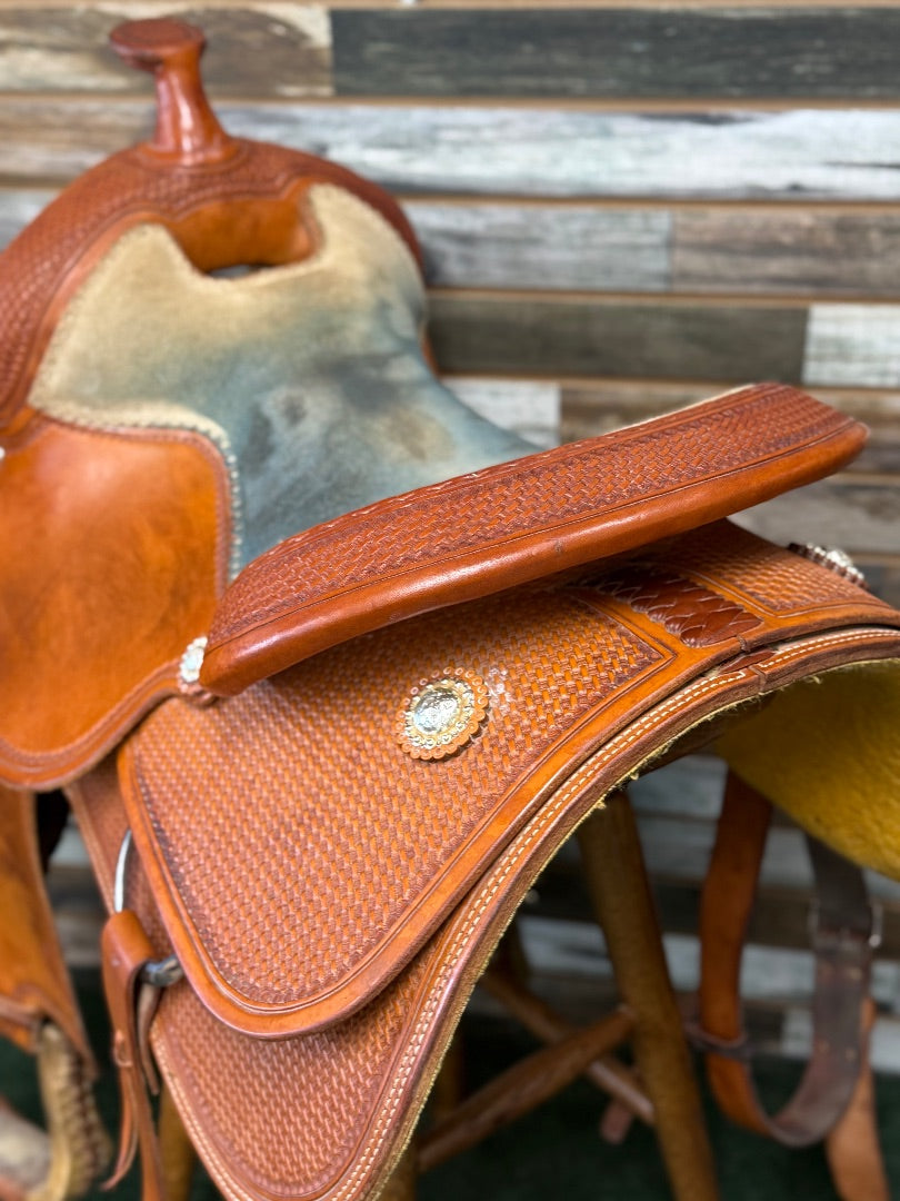 USED Circle Y Basketweave Tooled Light Oil Saddle | 16" Seat, 7" Gullet