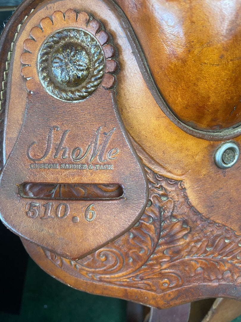 USED ShoMe Custom Saddlery Ranch Saddle Full Quarter Horse Bars 15 1/2"seat/ 6" gullet Light Oil