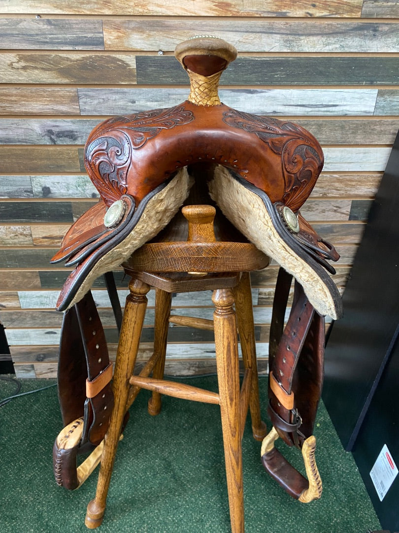 USED Martha Josey Floral Tooled Barrel Saddle 14"