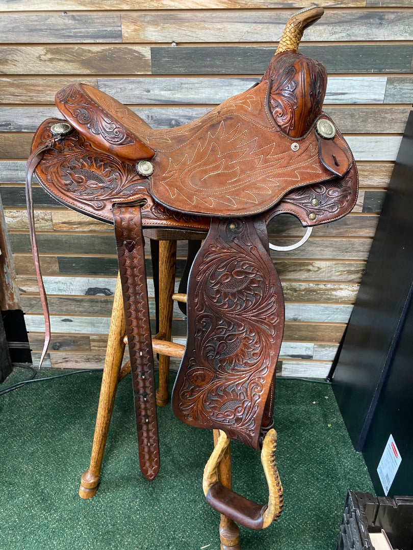USED Martha Josey Floral Tooled Barrel Saddle 14"