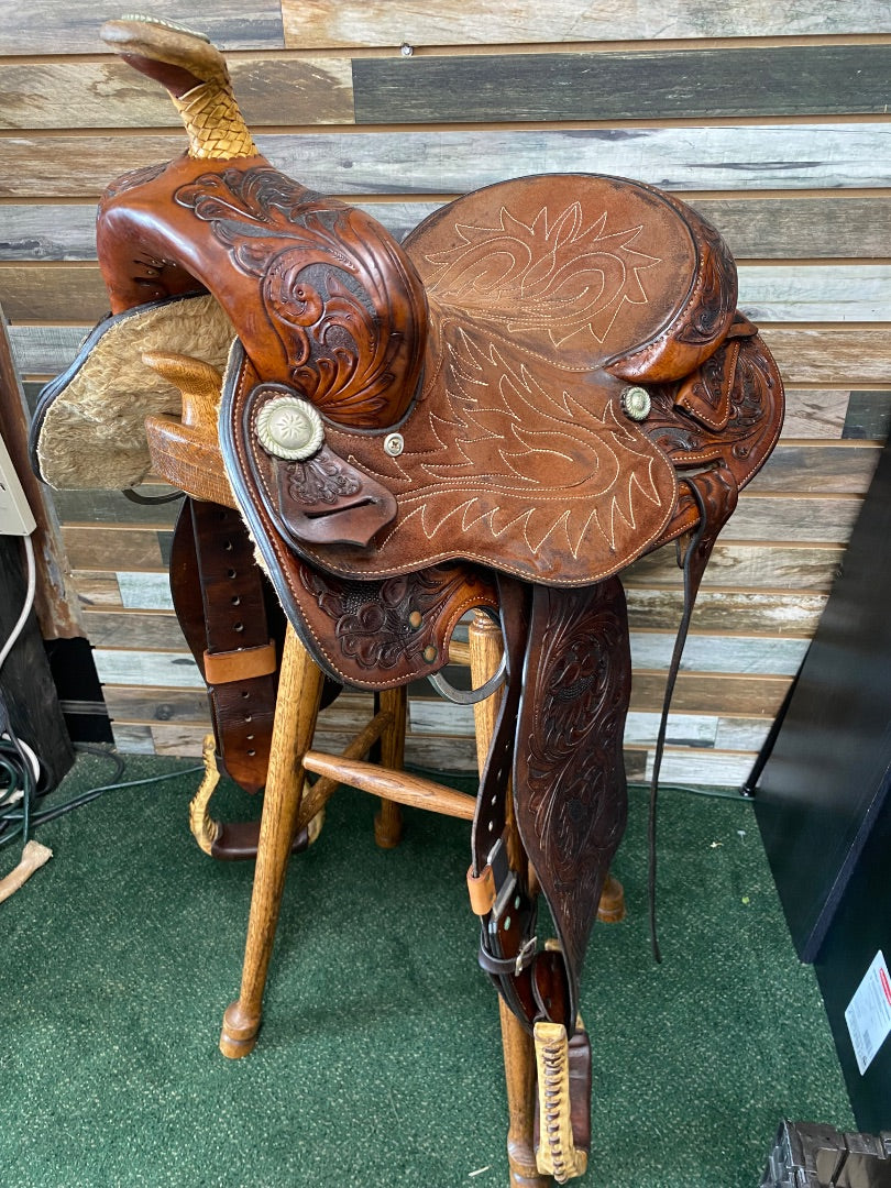 USED Martha Josey Floral Tooled Barrel Saddle 14"