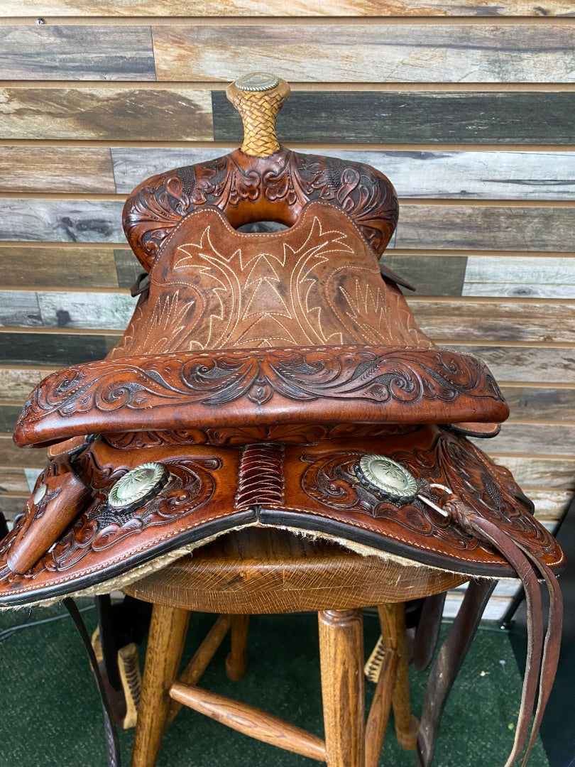 USED Martha Josey Floral Tooled Barrel Saddle 14"