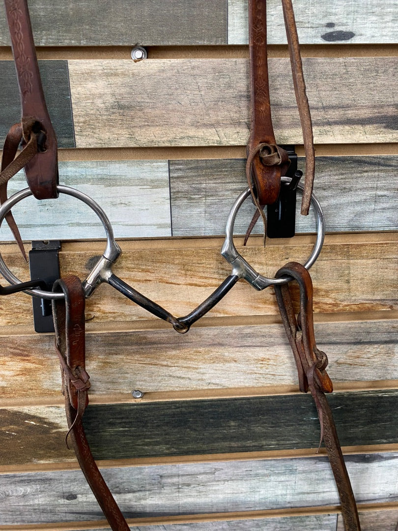 USED Weaver Barbed Wire Tooled Browband Style Headstall with Split Reins & Fixed O-Ring