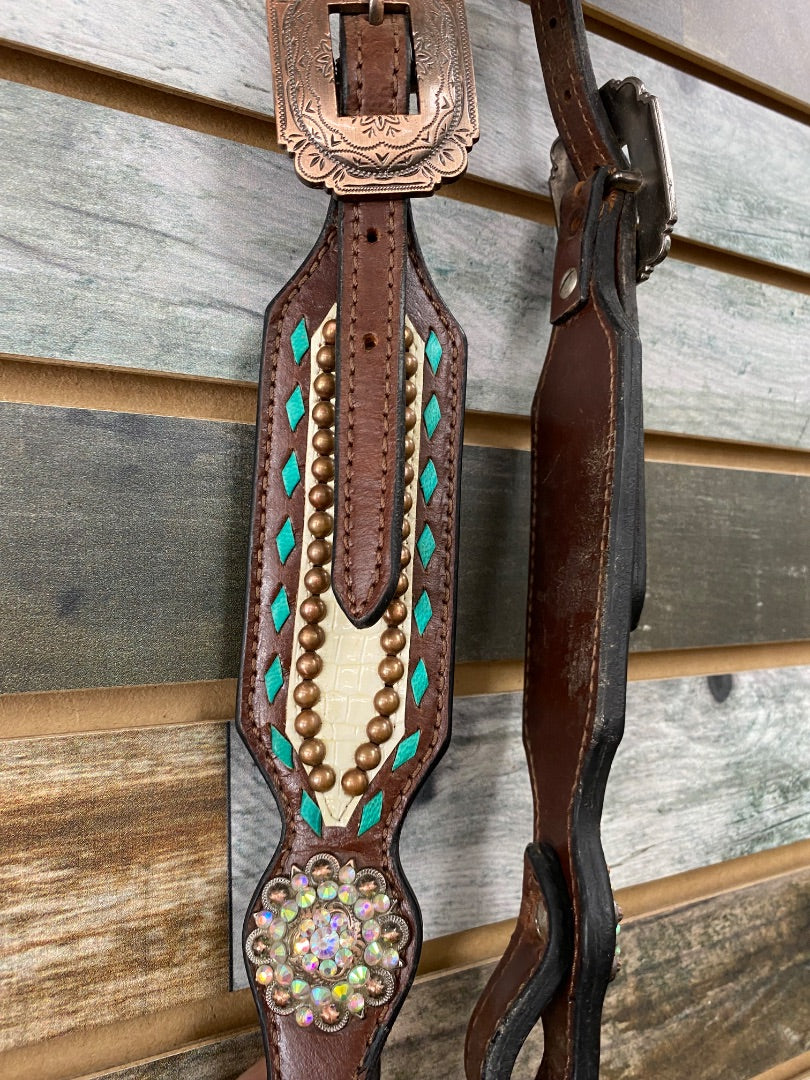USED Dark Oil, White Aligator w/ turqouise accents and bling Horse