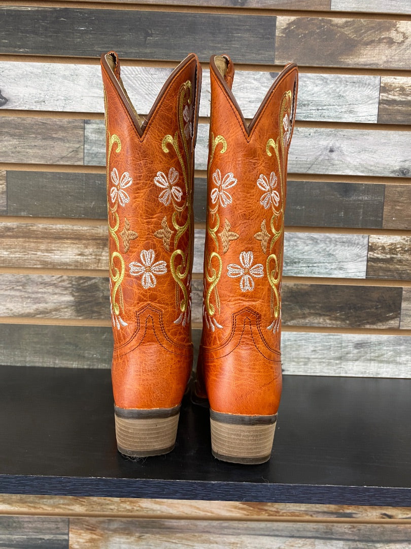 USED Sterling River Floral Stitched Ladies Western Boots 8.5 Orange/Tan/White