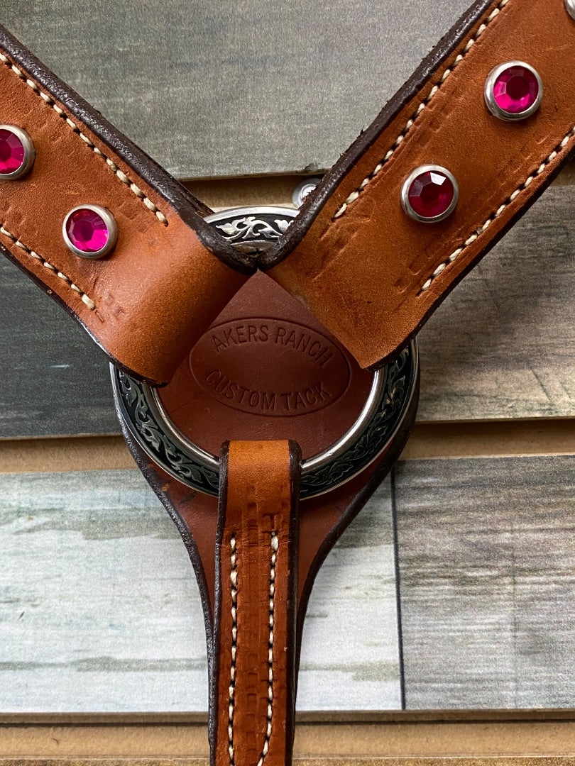 USED Western Breastcollar with Pink Stones Medium Oil