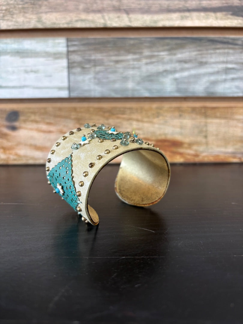 USED Tan Arm/Bracelet Cuff with Gold and Turquoise Accents