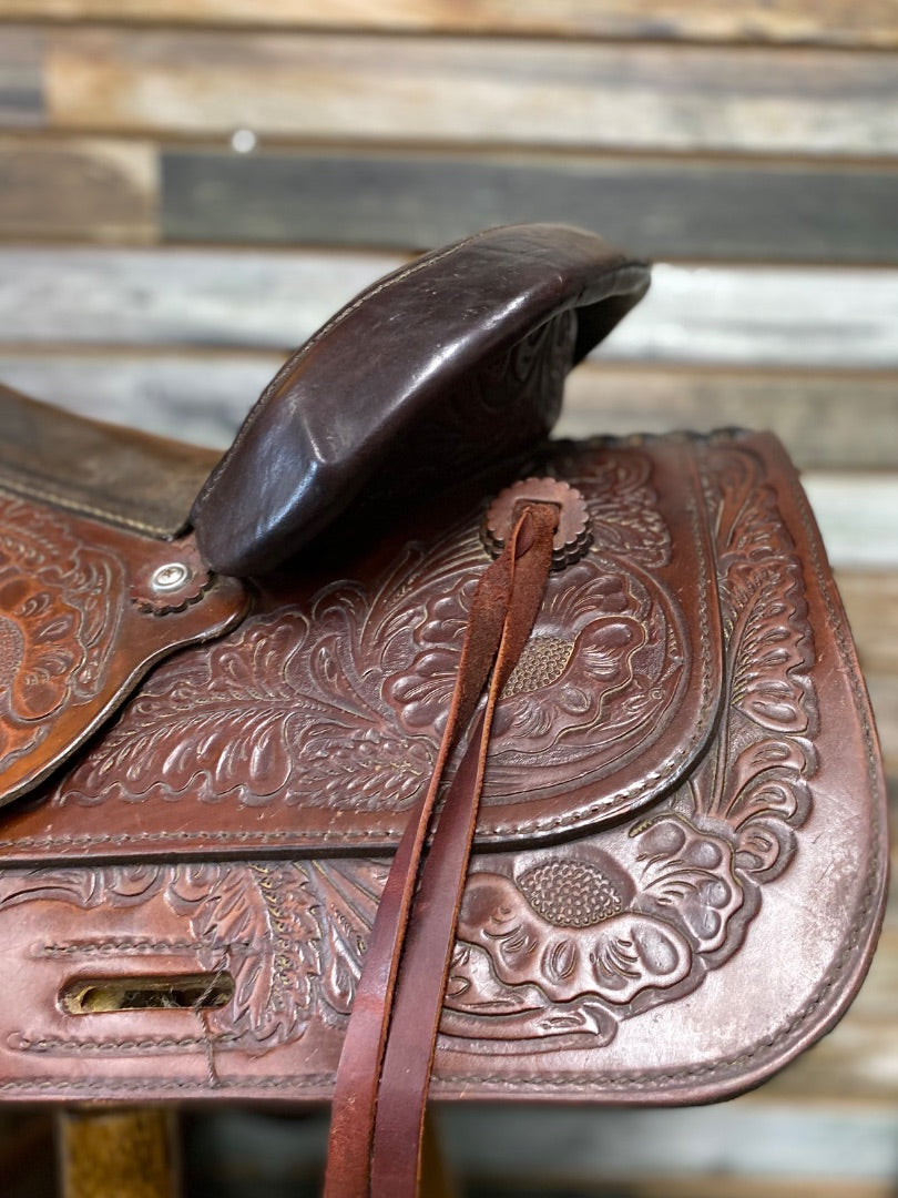 USED Circle Y Park and Trail Saddle 14" Dark Oil Floral Tooled