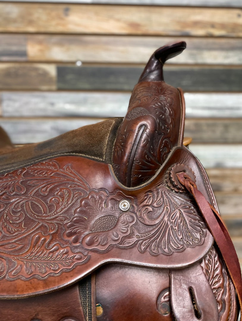 USED Circle Y Park and Trail Saddle 14" Dark Oil Floral Tooled