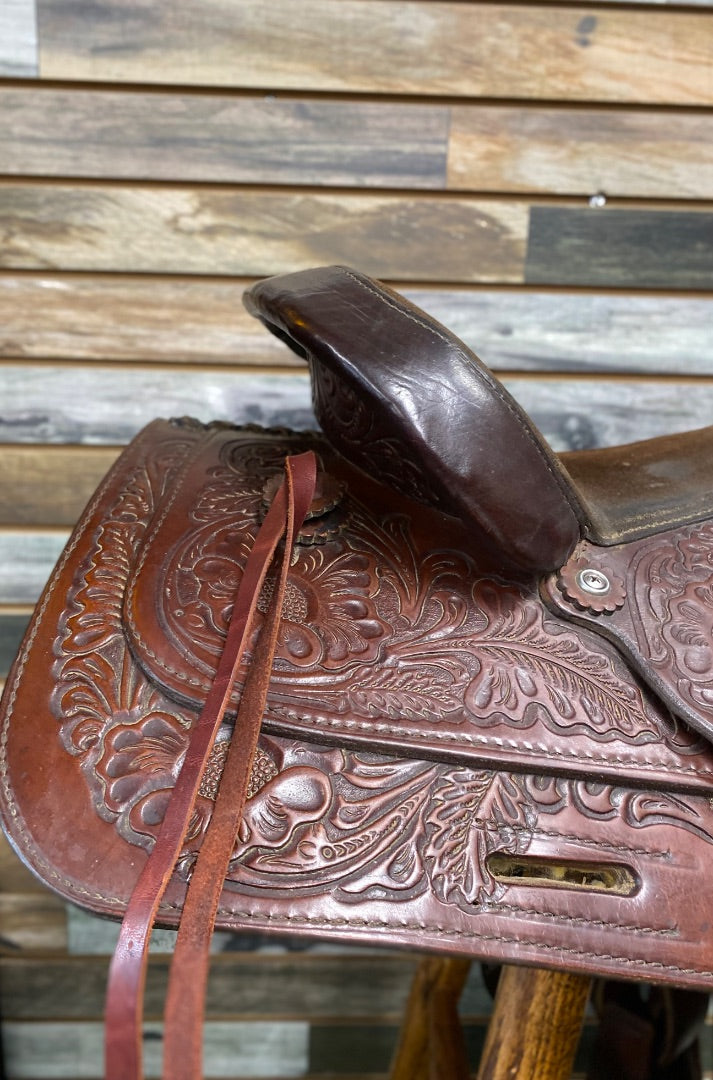 USED Circle Y Park and Trail Saddle 14" Dark Oil Floral Tooled