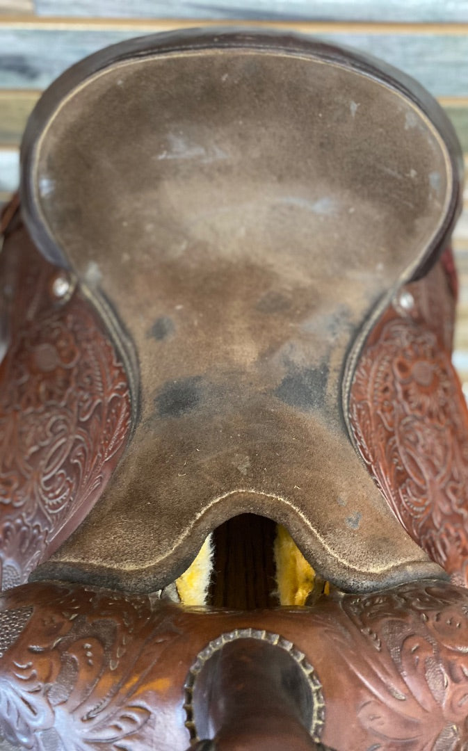USED Circle Y Park and Trail Saddle 14" Dark Oil Floral Tooled