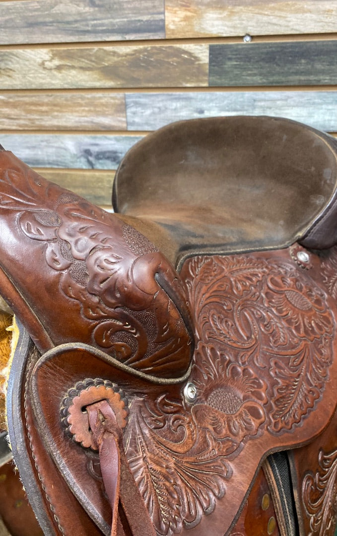 USED Circle Y Park and Trail Saddle 14" Dark Oil Floral Tooled