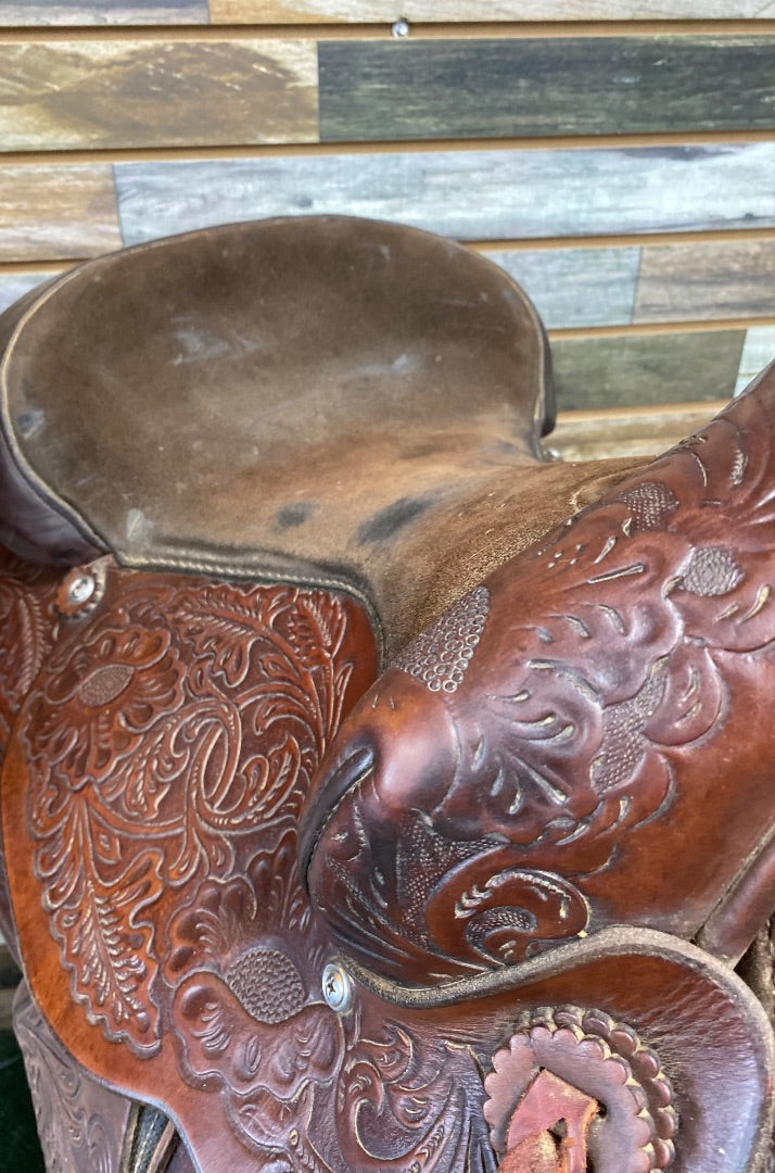 USED Circle Y Park and Trail Saddle 14" Dark Oil Floral Tooled