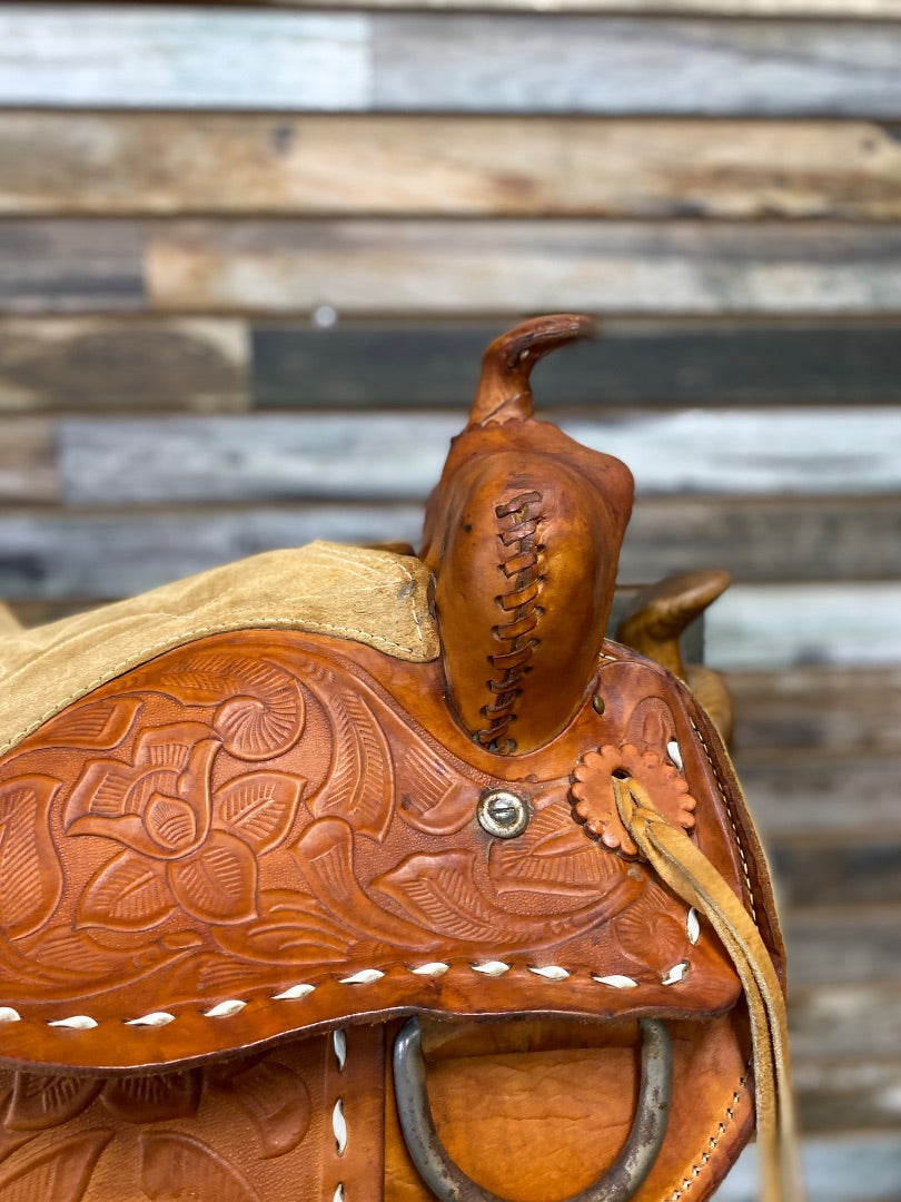 USED Youth Trail Saddle 12" Floral Tooled Light Oil
