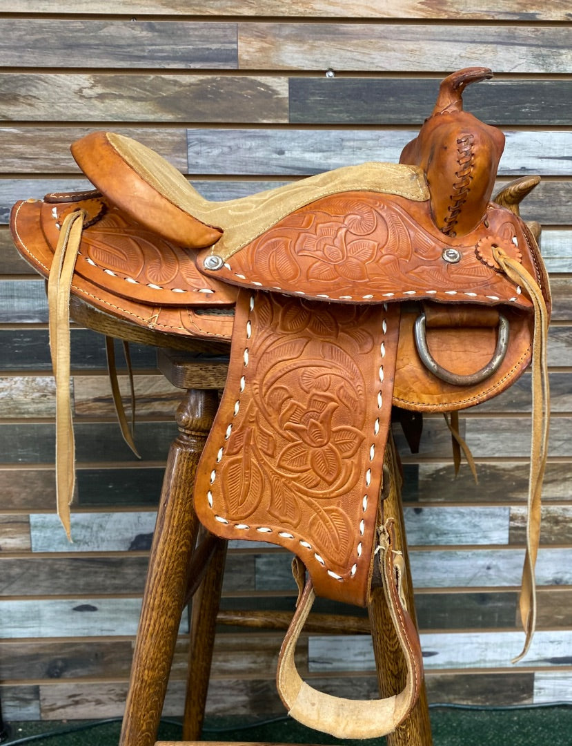 USED Youth Trail Saddle 12" Floral Tooled Light Oil