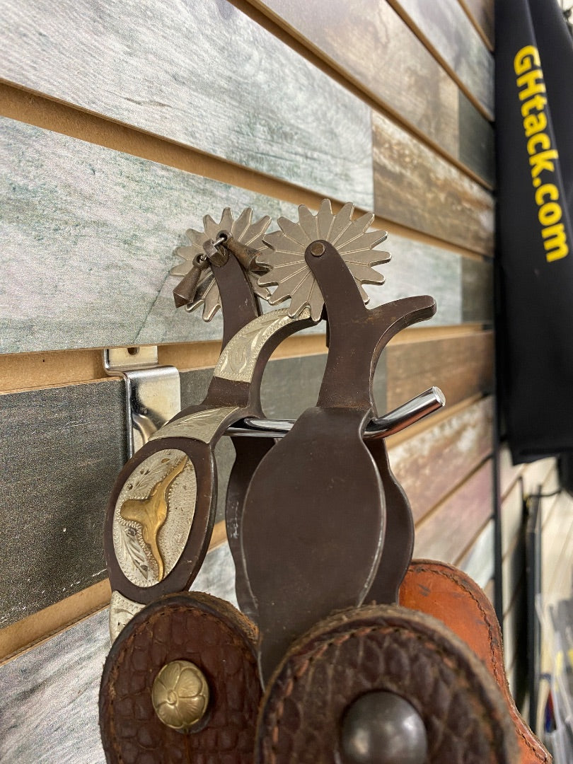 USED Ladies Western Spurs with Large Rowels & Dark Oil Lonesome Pine Straps Silver Plate with Cowhead