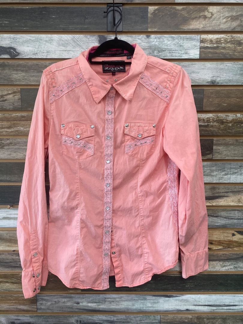 USED Grace in LA Ladies Pink Western Top Medium Pink