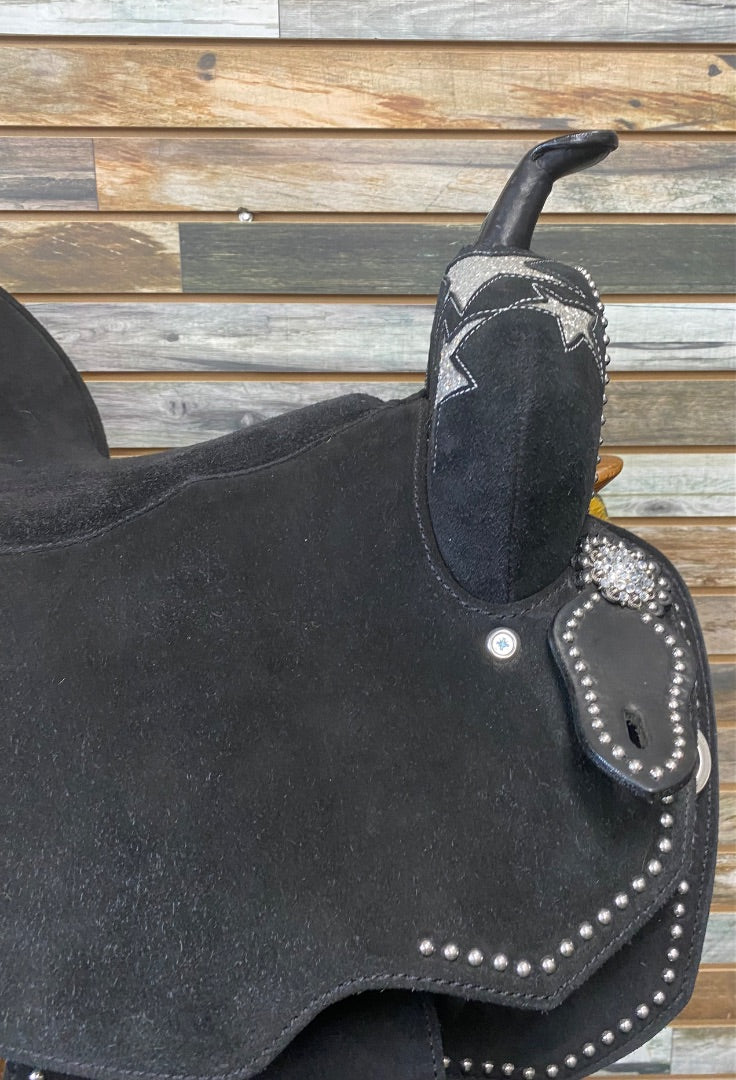 USED MOUSM Barrel Saddle Black w/ Silver Glitter Stars
