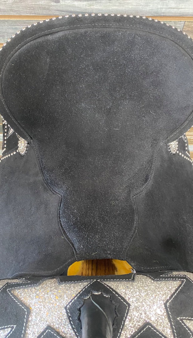 USED MOUSM Barrel Saddle Black w/ Silver Glitter Stars