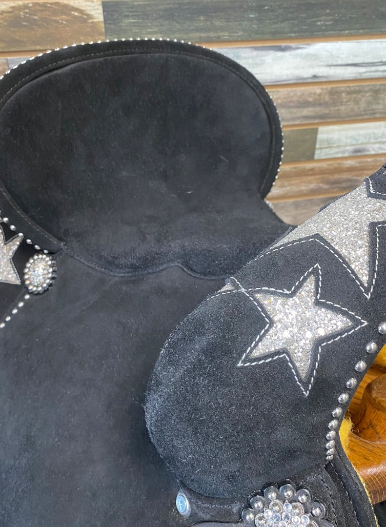 USED MOUSM Barrel Saddle Black w/ Silver Glitter Stars