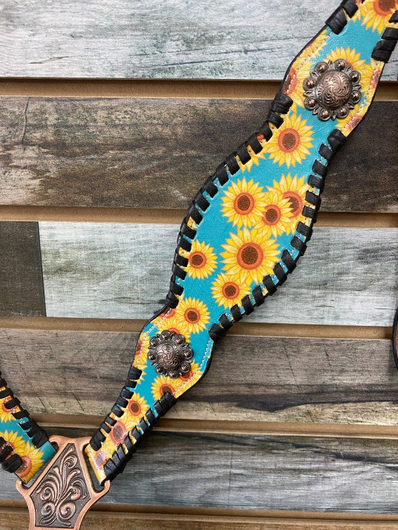 USED Hot Headstalls Leather Headstall and BreastCollar Set Teal and Sunflower