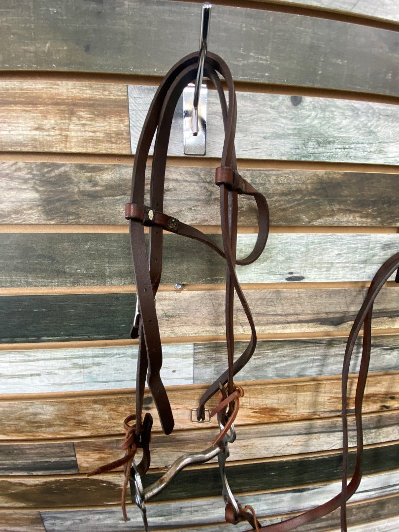 USED Leather Headstall, Low Port Shank and Split Reins Pony/4" Medium Oil