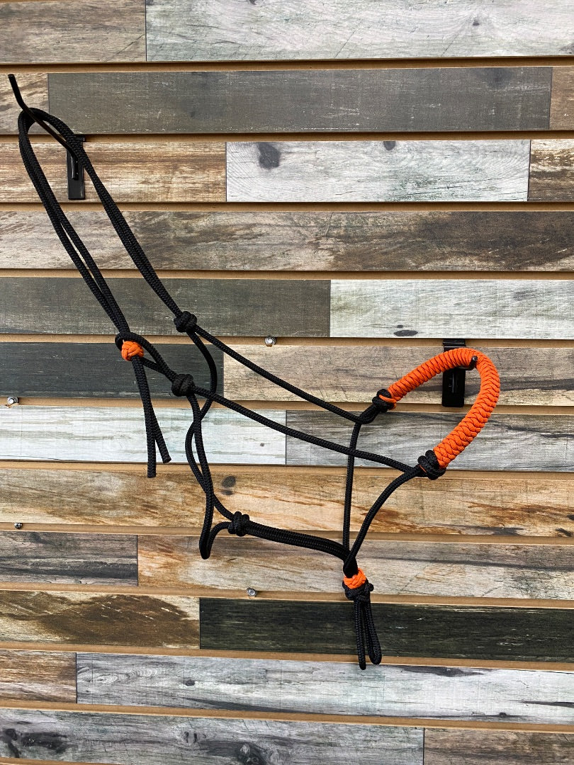 USED Rope Halter with Orange Noseband Horse Black/Orange