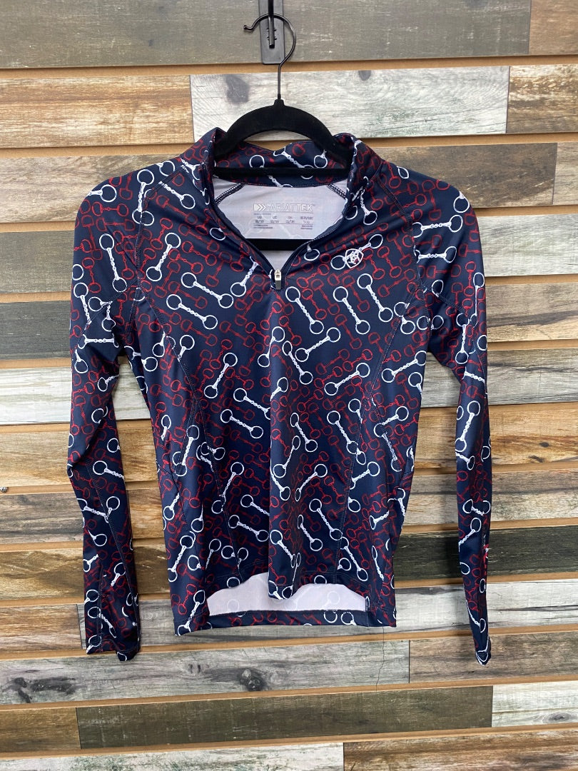 USED Ariat Youth English Riding top Medium/10 Red/White/Blue Bit Pattern